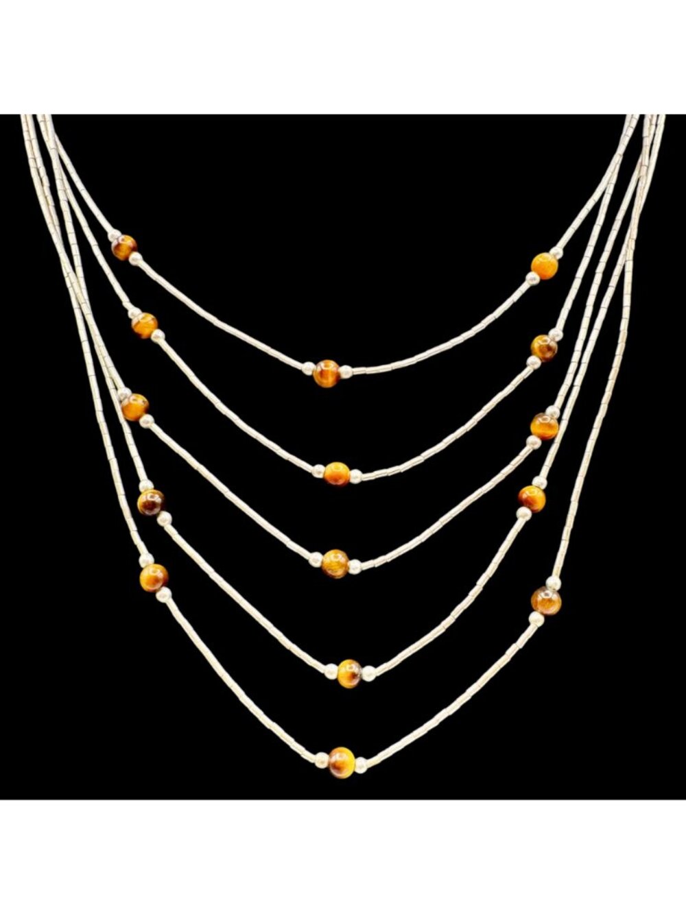 Multi-Strand Liquid Silver Necklace and Earrings Set 4mm Tiger's Eye - 20" - Picture 2 of 14